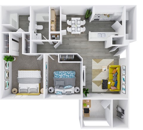 Floor plan for 2 beds, 2 baths, 886 sqft